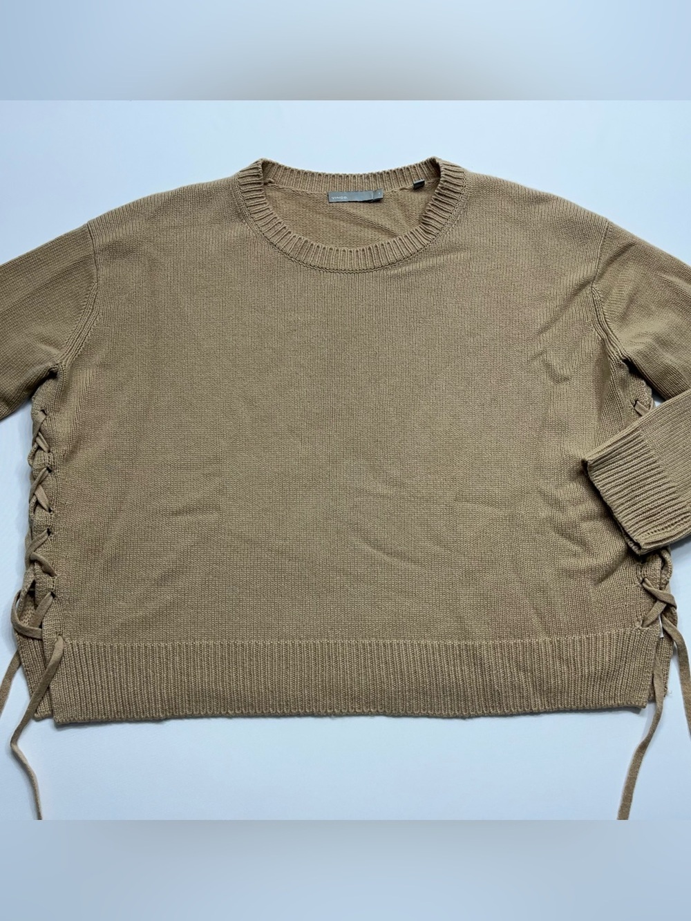 Vince Cashmere Pullover Side Laced Sweater Womens Size Medium Beige Khaki Boxy